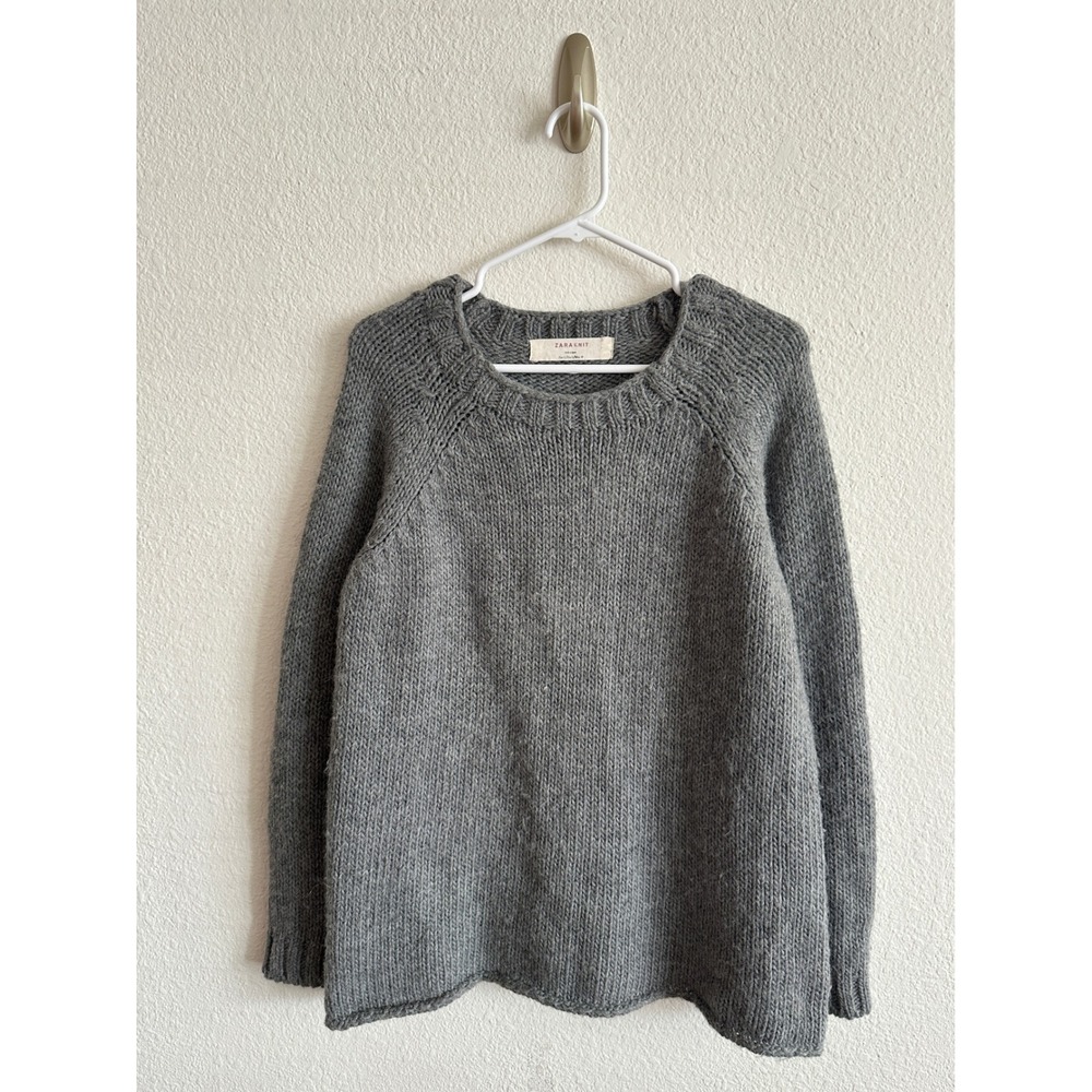 Zara Grey Alpaca Wool Blend Chunky Knit Elbow Patch Crewneck Sweater Cozy L